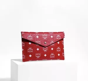 NEW MCM Visetos Monogram Red White Envelope Clutch Coated Canvas w/ Box Gift - Picture 1 of 16