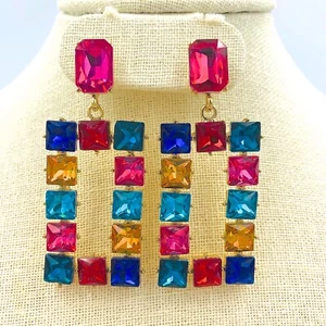 RHINESTONE RECTANGLE PATTERN POST EARRINGS - Available in 3 Colors - Picture 1 of 11