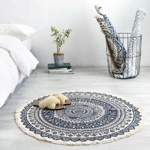 Round Rug with Fringe Non Slip Handwoven Bohemian Mandala Indian Mat - Picture 1 of 9