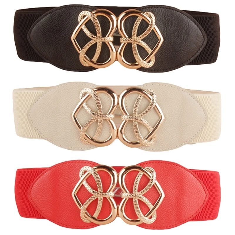 Damen Gürtel Breit Metall Herz Schnalle Stretchgürtel Kunstleder Damengürtel - Bild 1 von 1