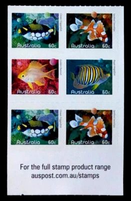 AUSTRALIA 2010 FISH, MARINE LIFE Sc 3283-3286 BLOCK OF 6 BOOKLET STAMPS  MNH - Image 1 of 2