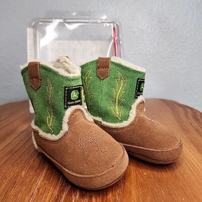 John Deere Infant Baby Leather Brown Green Western Boots Size 3 (6M-9M) - JD0016 - Image 1 of 4