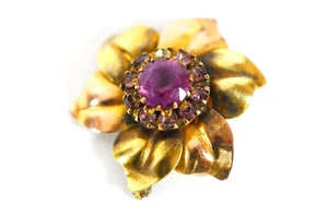 Antique PS co Purple Rhinestone 10K Gold Filled Flower Floral Brooch - Picture 1 of 4