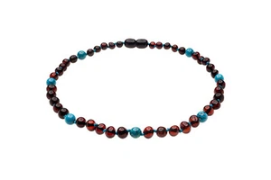 Collar ámbar báltico hecho con cereza pulida y turquesa - Imagen 1 de 5