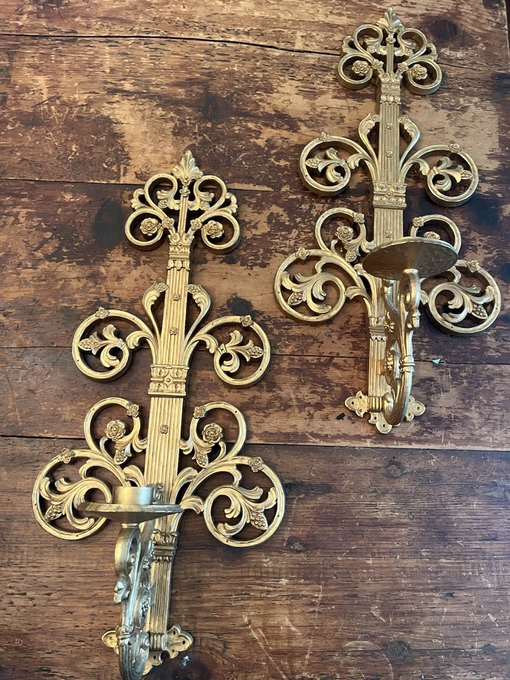 "Aplique de pared vintage HOMCO dorado ornamentado flor candelabro cónico 21""" Foto 1 de 4