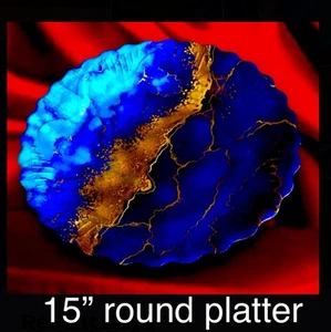 15” Decorative Round Platter Marbled Abstract Art 1.5”deep (Ocean Blue/gold) - Picture 1 of 24