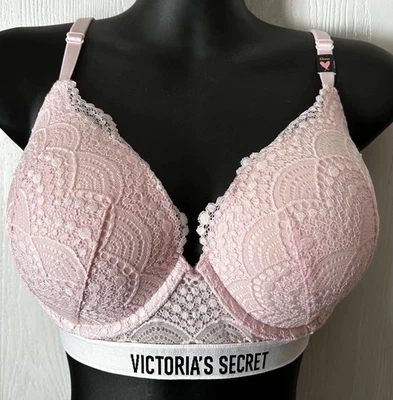 🤍NWT Victoria’s Secret Logo Lace Perfect Shape Padded Push Up Bra-Pink-32DDD - Image 1 of 4