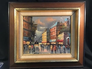Pintura al óleo francesa sobre lienzo de escena callejera tradicional de París firmada - Imagen 1 de 7