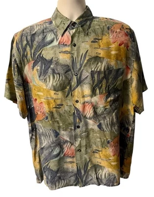 Vintage POINT ZERO M Silk Angel Fish Conch Shell Plants Pocket Camp Shirt *Mint* - Image 1 of 4