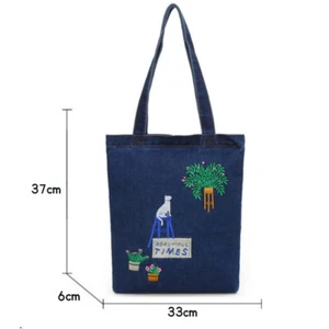 Lady Denim Handbag Canvas Shoulder Bag Embroidered Floral Cartoon Preppy Student - Picture 1 of 11