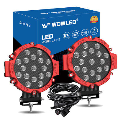 WOW - 2x 51W 7  Red Round Spot LED Work Lights + Wiring Harness Kit For Car 4x4 • 59.46€