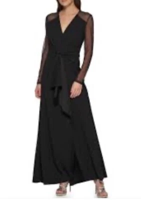 Donna Karan New York V-Neck Drape Gown Women's 12 Black Sleeve Mesh Illusion Nwt - Image 1 of 4