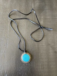 Sterling Silver Persian Turquoise Round Pendant Necklace 1” Diameter Silk Cord - Picture 1 of 3