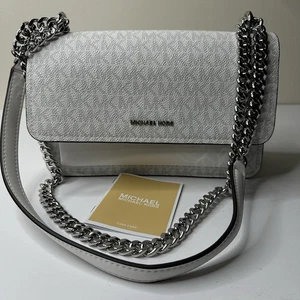 Bolso de Mano Michael Kors Claire Blanco Gris Estampado de Logo Plateado Cadena Cartera Bandolera - Imagen 1 de 15