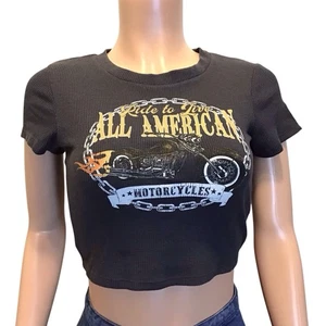 Homegirl Society bauchfreies Oberteil XS schwarz All American Motorcycle Grafik T-Shirt Y2K - Bild 1 von 6