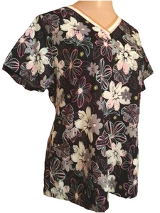 Women’s Scrub Top Size Med Black With Multicolored Floral Print - Picture 1 of 3