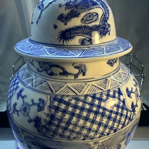 "Jarro grande vintage Chinoiserie Temple 18"" azul, blanco bote de jengibre estilo asiático" - Imagen 1 de 16