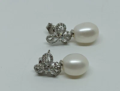 ORECCHINI IN ARGENTO 925 TRIFOGLIO ZIRCONI E PERLA GOCCIA VERA (AMFO0453) - Immagine 1 di 3