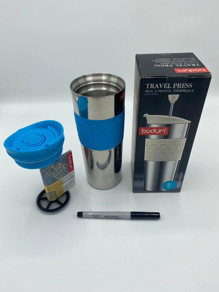 Nuevo-TAZA DE VIAJE GRANDE AZUL 15 oz BODUM ACERO INOXIDABLE/PRENSA FRANCESA ~ envío gratuito Foto 1 de 3