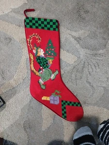  Vintage Needlepoint Christmas Stocking ~Cat With Tree And Presents - Picture 1 of 12
