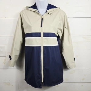 VTG Misty Harbor Rain Slicker Coat Jacket PVC Hooded Cream & Navy Size 12 - Picture 1 of 14