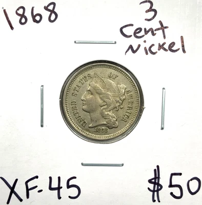 1868 3CN 3 Cent Nickel in XF+ / EF+ Extra Fine+ Condition - Image 1 of 3
