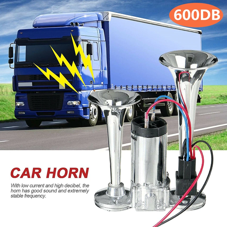 12V LKW Hupe Luft Horn mit Kompressor 600Db Super laut Doppelrohr Lufthorn Kit - Bild 1 von 4