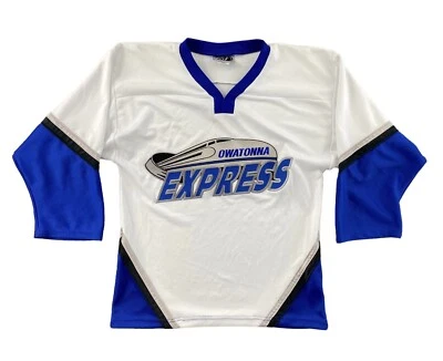 Camiseta deportiva de hockey Owatanna Express juvenil S OT deportiva blanca azul real equipo Junior A Foto 1 de 4