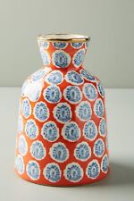 Anthropologie Hand Painted Elza Vase Orange Blue Medallion Gold Rim 