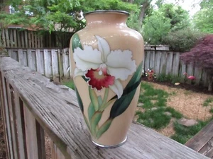 Ando Jubei  (1876-1956) Cloisonné Vase Tan Green White Red Floral Marked On Bott - Picture 1 of 5