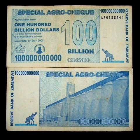 1 x Zimbabwe 100 Billion dollar agro cheque banknote Cover