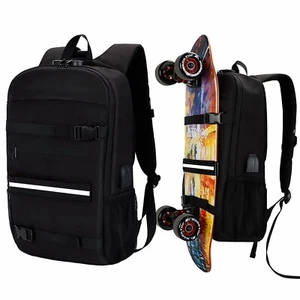 Water Resistant, Laptop, Skateboard Backpack with USB Charging Port, Black - Picture 1 of 7