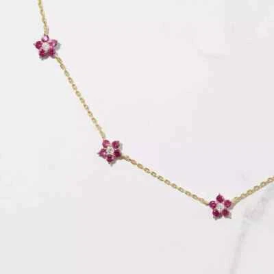 2Ct Round Lab Created Pink Ruby Diamond Flowers Necklace 14K Yellow Gold Plated - Image 1 of 4