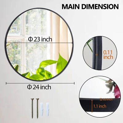 24" Metal Frame Round Mirror Black Makeup Mirror Wall Mounted Decorative Home - Image 1 of 4