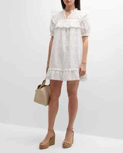 Stellah Short Sleeve Eyelet Mini Dress Women's S White Notch V-Neck Ruffled S/S~ - Picture 1 of 16