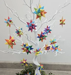 Set of 12 Paper Star Ornaments WITH Strings Multi Color 3 1/2 Inches Party Decor - Picture 1 of 8