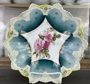 Austria Antique "Star" Austria Porcelain Salad Plate Turquose, Gold, Pink Roses - Picture 1 of 6