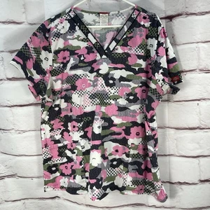 Dickies Womens Scrub Top Pink Camo SZ 3X Nursing Uniform Pockets Cotton V Neck - Picture 1 of 8