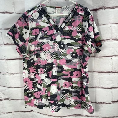 Dickies Womens Scrub Top Pink Camo SZ 3X Nursing Uniform Pockets Cotton V Neck - Image 1 of 4