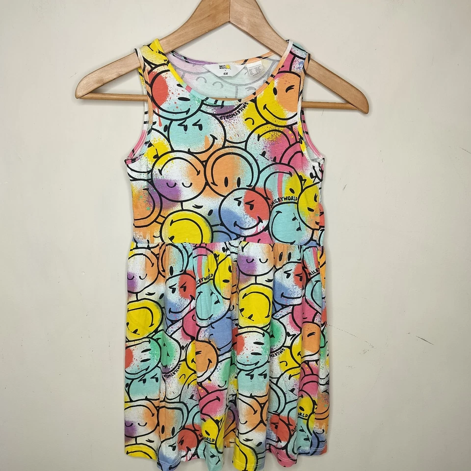 Vestido H&M Smiley World Niñas Talla 8/10 Sin Mangas Colorido Algodón Feliz Diversión Foto 1 de 4