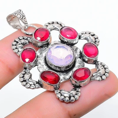 Ruby Simulated Gemstone Handmade 925 Sterling Silver Jewelry Pendant 1.97" - Image 1 of 4