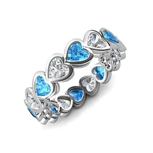 Sterling Silver 925 Swiss Blue Topaz Heart Shape 4.00mm Eternity Band Ring - Picture 1 of 6