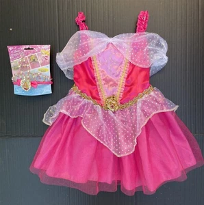 Disney Princess Aurora Costume XS 3T-4T~ Sparkle Dress + Beaded Adjustable Tiara - Picture 1 of 17