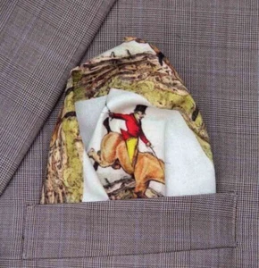 Gascoigne Hand Stitched Cotton Pocket Square Equestrian Fox Hunt Pattern - Picture 1 of 2