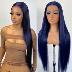 Human Hair Blend Blue Long Full Lace Front Wig 13x6 Straight Blue Black Heat Ok