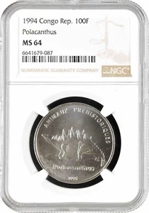 Congo Republic 100 francs 1994, NGC MS64, "Prehistoric animals - Polacanthus" - Picture 1 of 2