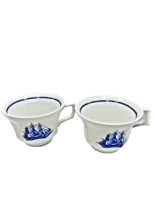 Wedgwood Teacup Pair White & Blue American Clipper Ship Game Cock 1850 England - Picture 1 of 9