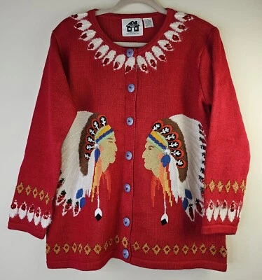Vtg Storybook Knits Christmas Sweater Native Americans Ramie Cotton Red Medium M - Image 1 of 4
