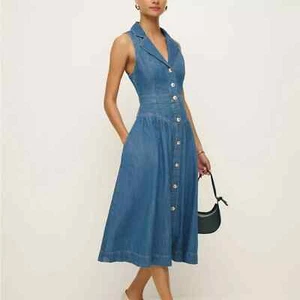 REFORMATION ELLISON ABITO MIDI DENIM SENZA MANICHE BOTTONI DAVANTI LAVAGGIO LAGUNA TAGLIA 6 - Foto 1 di 11