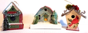 3 Vintage Cardboard Christmas Houses Ornament Lot Glitter 4" - Picture 1 of 5